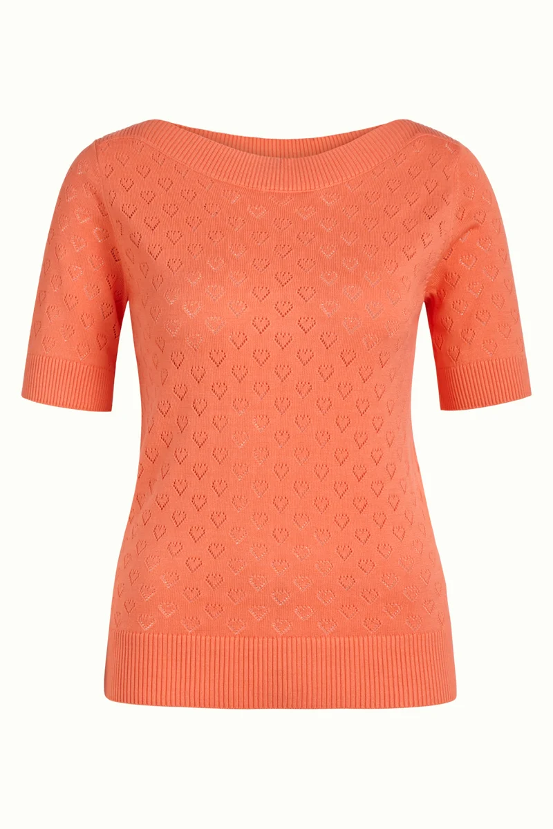 Roze top van viscose en katoen | King Louie Audrey top heart ajour vibrant coral