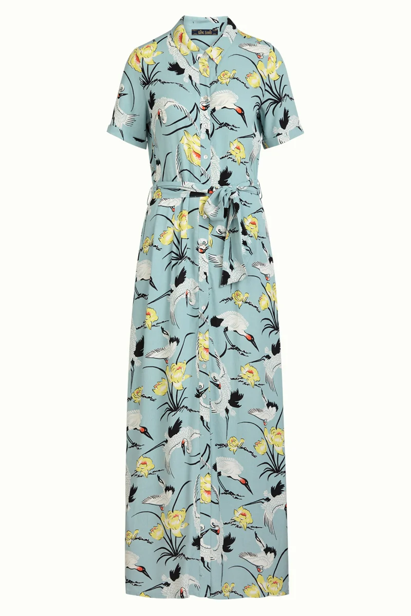 Blauwe lange doorknoopjurk | King Louie Rosie maxi dress del ray blue haze