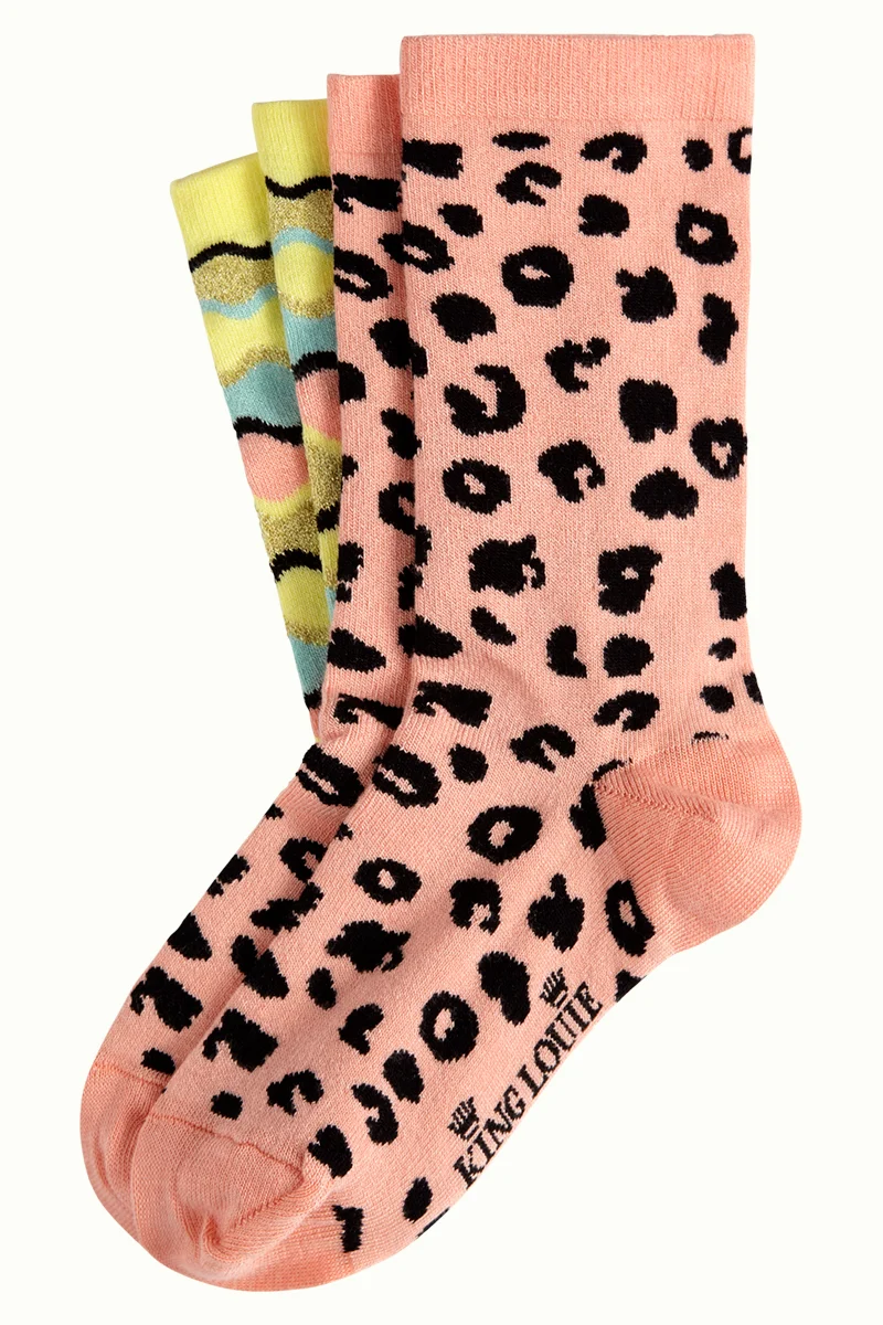 Sokken met luipaard en streepprint | King Louie socks 2-pack wavy lemon yellow