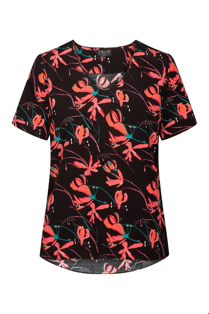 Zwarte top met bloemenprint | Zilch top v-neck orchid black