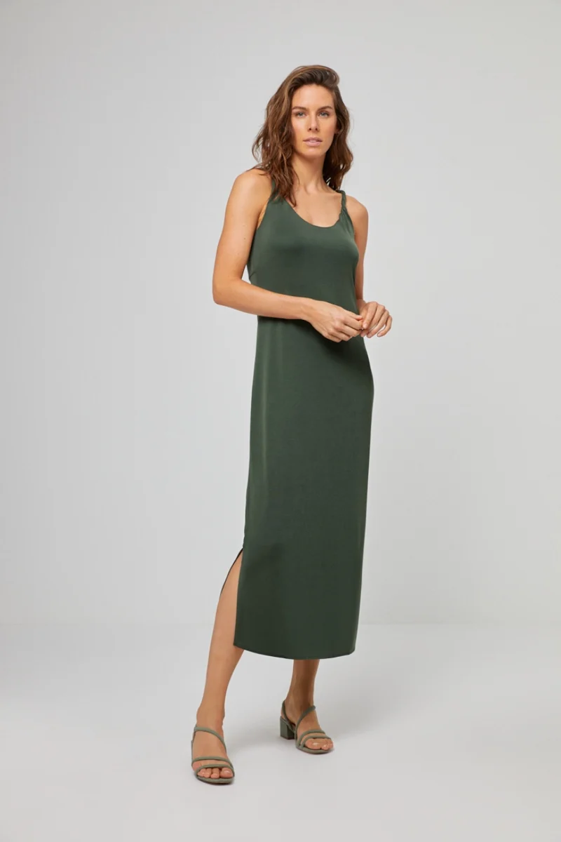 Lange groene jurk met split | Surkana Long dress with straps khaki