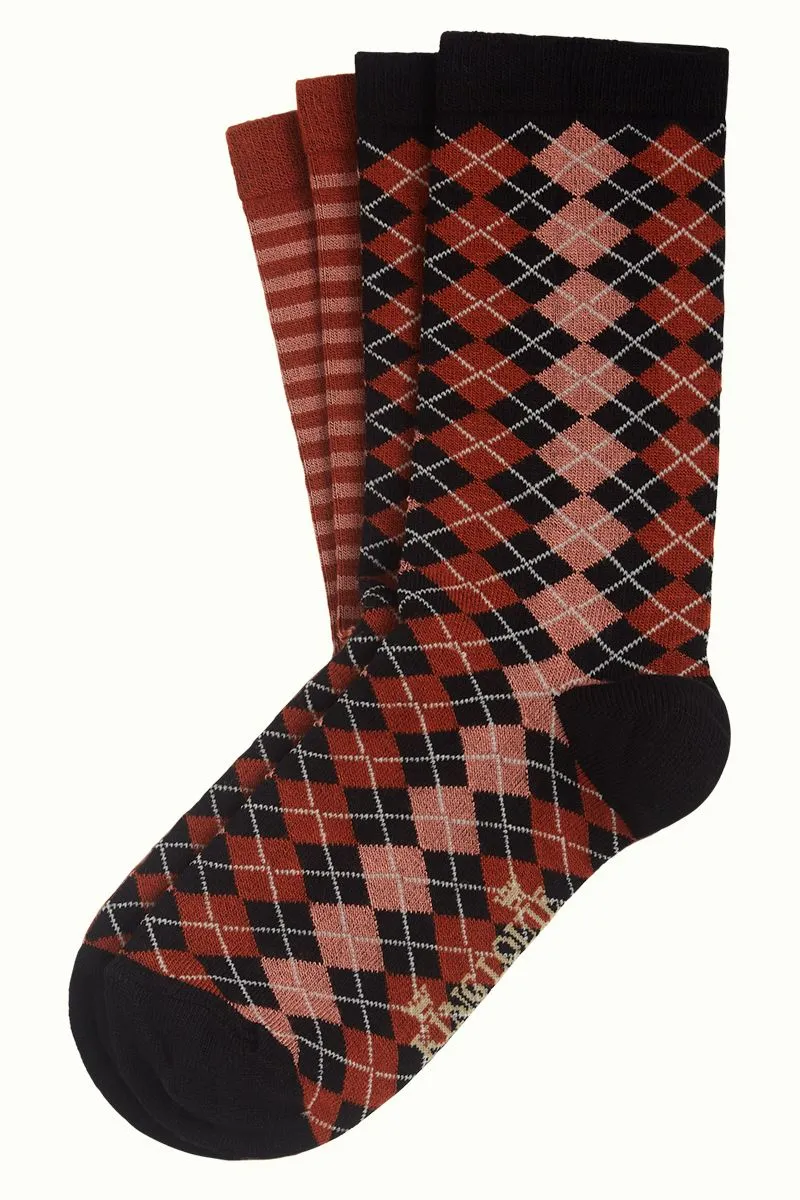 2 paar sokken met ruit -en streepprint | King Louie socks 2-pack aberdeen spice brown
