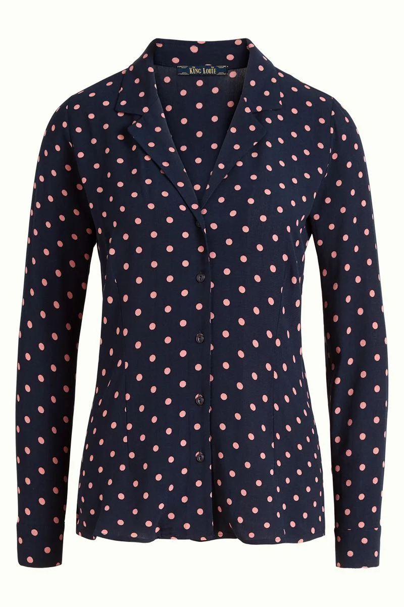 Blauwe blouse met roze stippenprint | King Louie daisy blouse pablo night blue