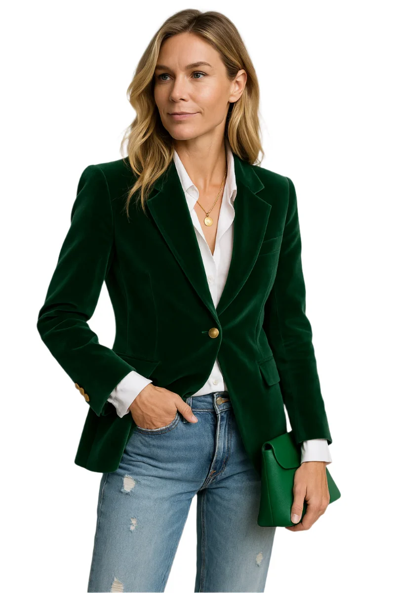 Dames Blazer Fluwelen Gestructureerd Met Enkele Gouden Knopen