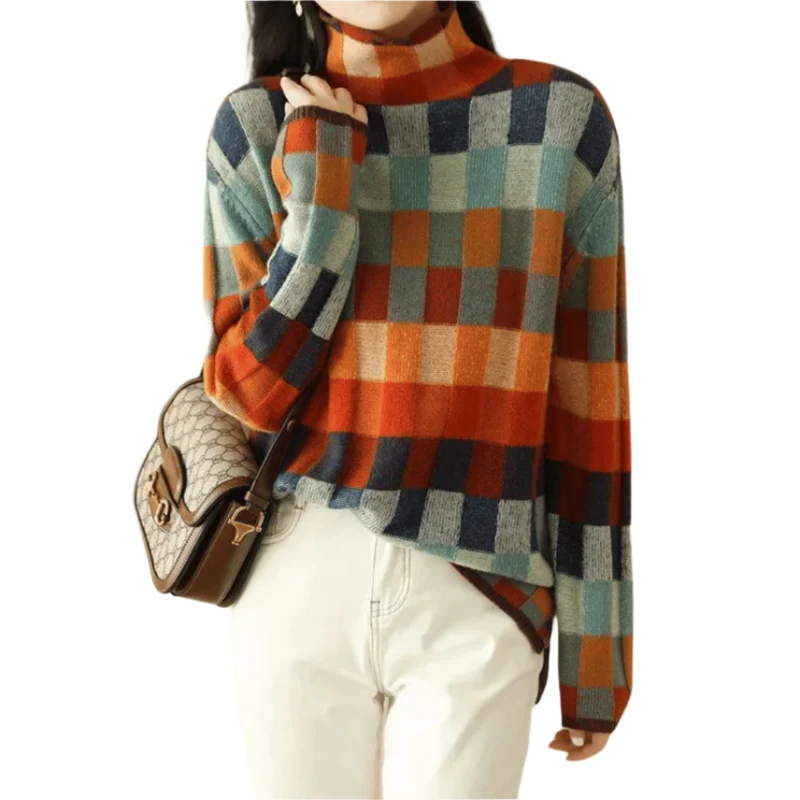 Dames Turtleneck Trui Patchwork Stijl