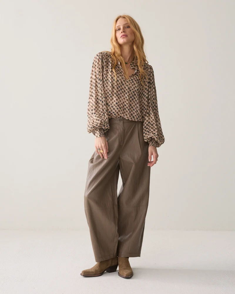 Summum Wijde Faux Leather Broek - Creme