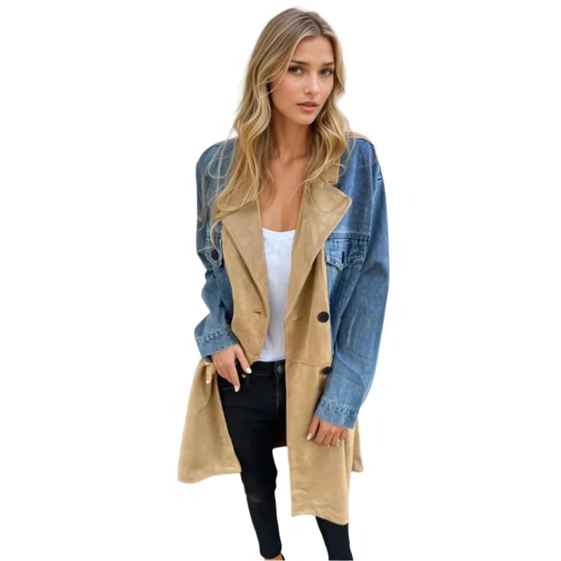 Dames Trenchcoat Twee-Tonige Denim Stijl