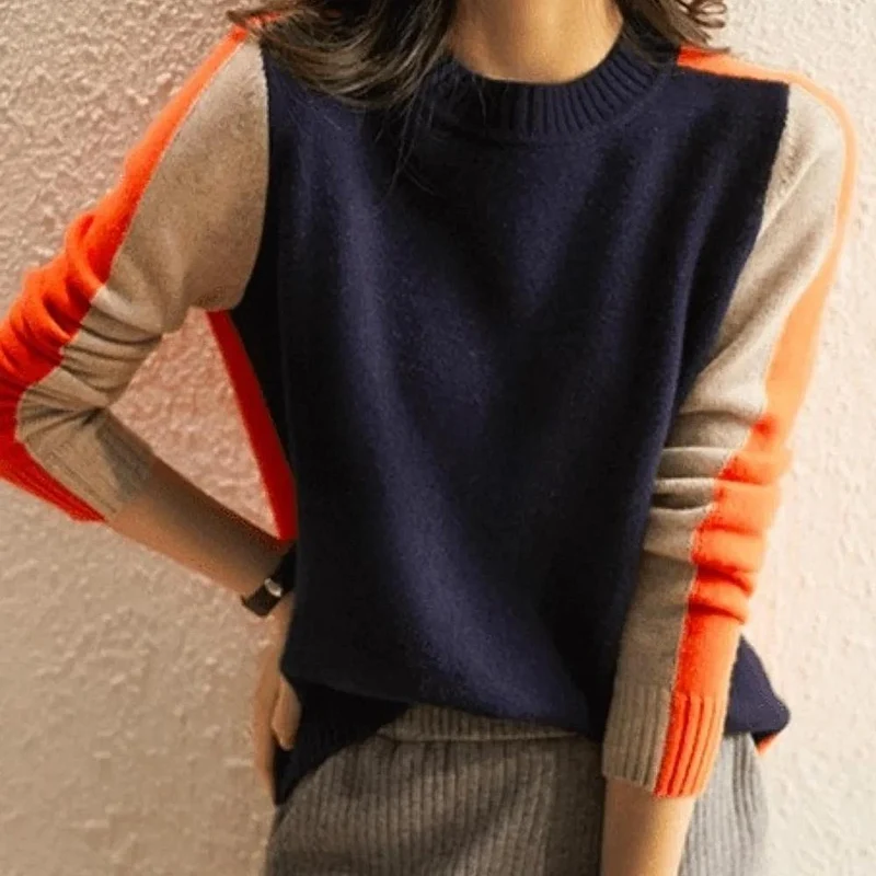 Dames Trui Retro Streep Marineblauw Oranje