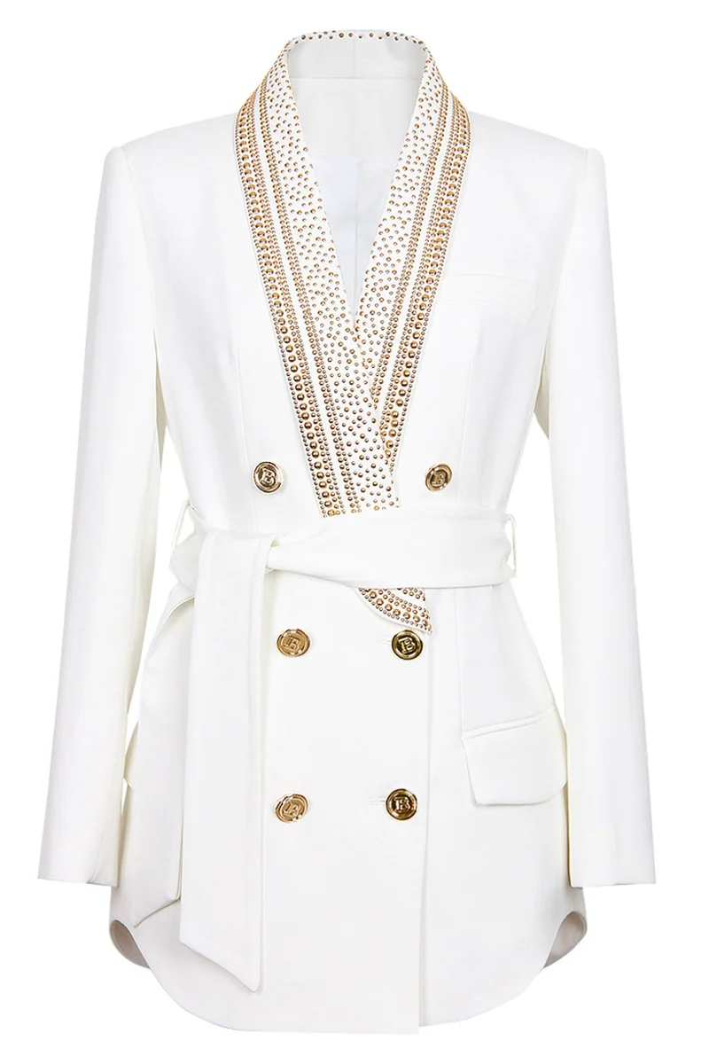 Dames Blazer Met Goudkleurige Details en Tailleceintuur