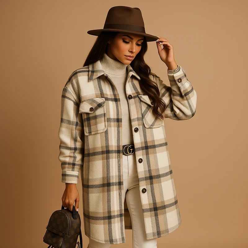 Lange geruite wol-look jas voor dames | Marit