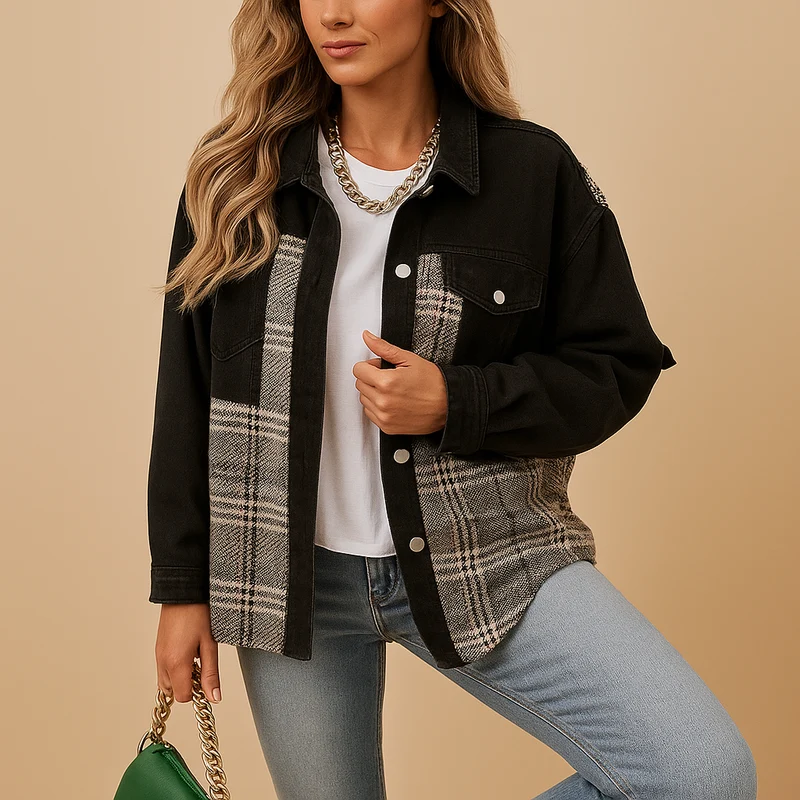 Geruite denim-look jas voor dames | Linde