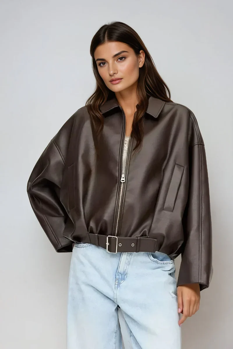 Arvella | Oversized Jack van Vegan Leer met Rits & Taille-Riem