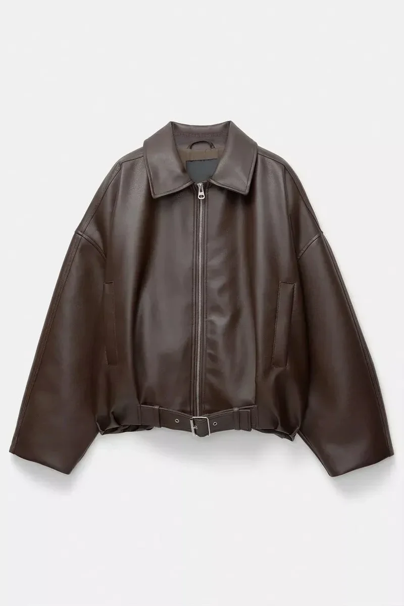 Arvella | Oversized Jack van Vegan Leer met Rits & Taille-Riem