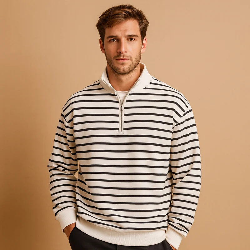 Gestreepte pullover met halve rits voor heren | Sander