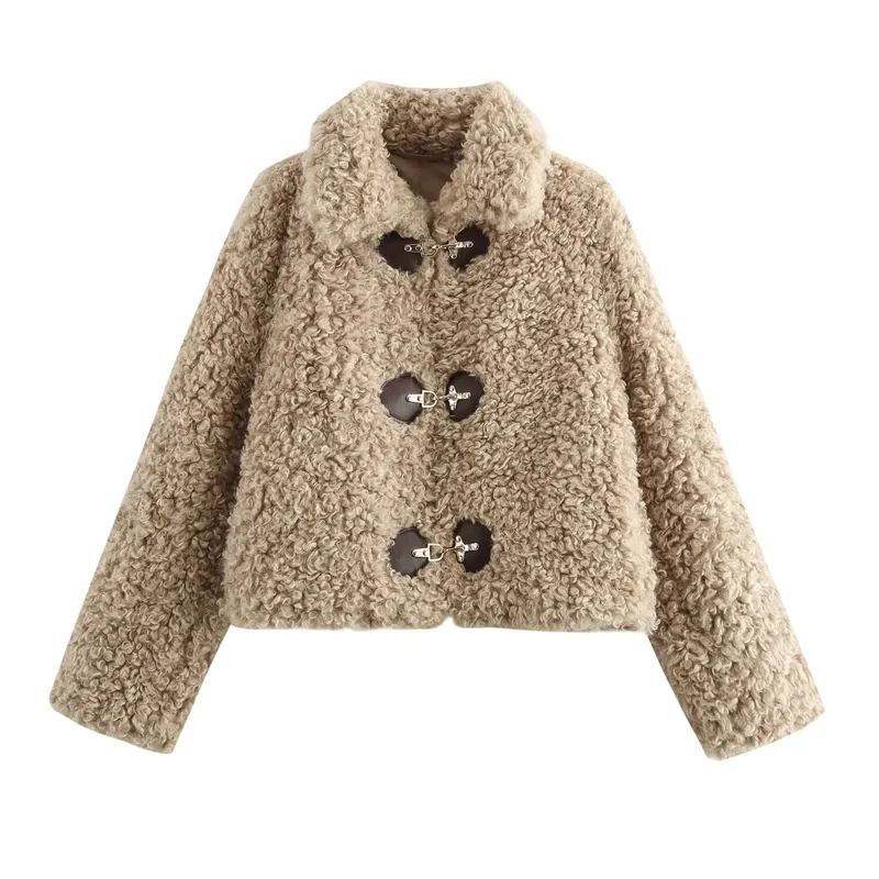 Elavine Teddy Jacket | Beige Faux Fur Winterjas met Gespen