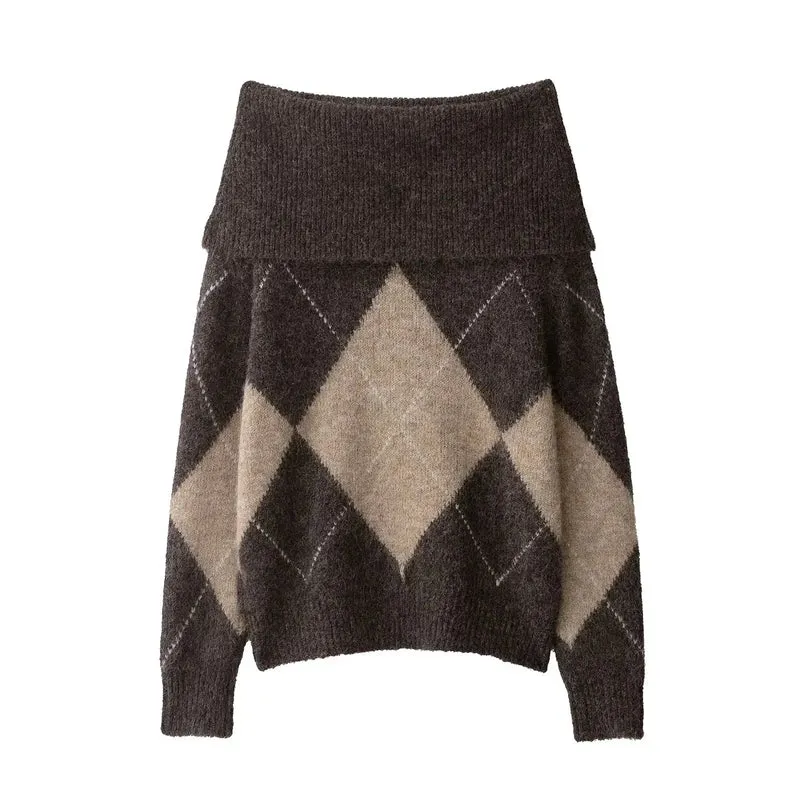Elviane | Off-Shoulder Gebreide Trui met Argyle Patroon