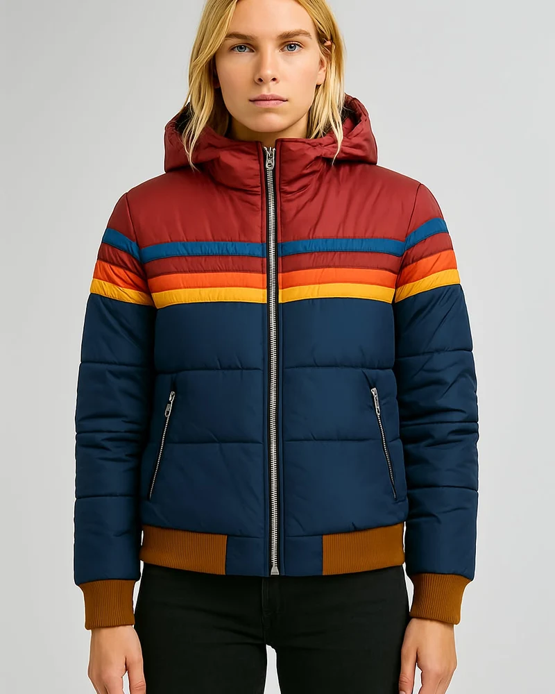 Arvanna | Retro Puffer Jacket met Regenboogstrepen & Warme Voering
