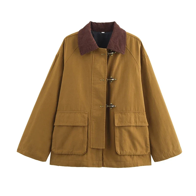 Marleau Jacket | Camel workwear jas met corduroy kraag & toggle-sluiting