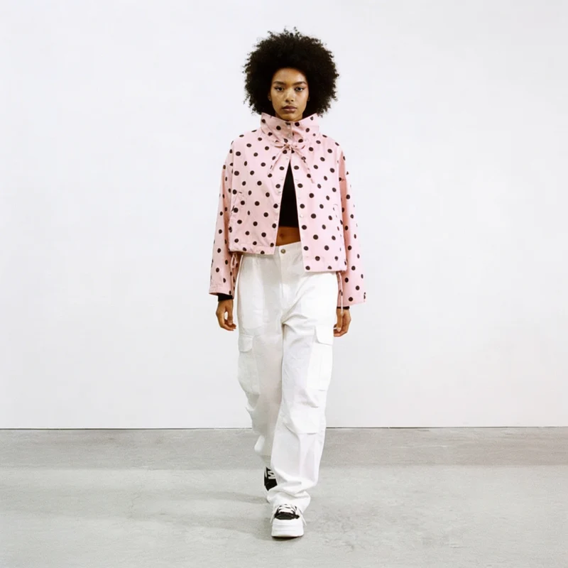 Rosalie | Roze Polkadot Jacket met Hoge Kraag & Strikdetail