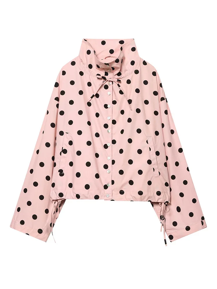 Rosalie | Roze Polkadot Jacket met Hoge Kraag & Strikdetail