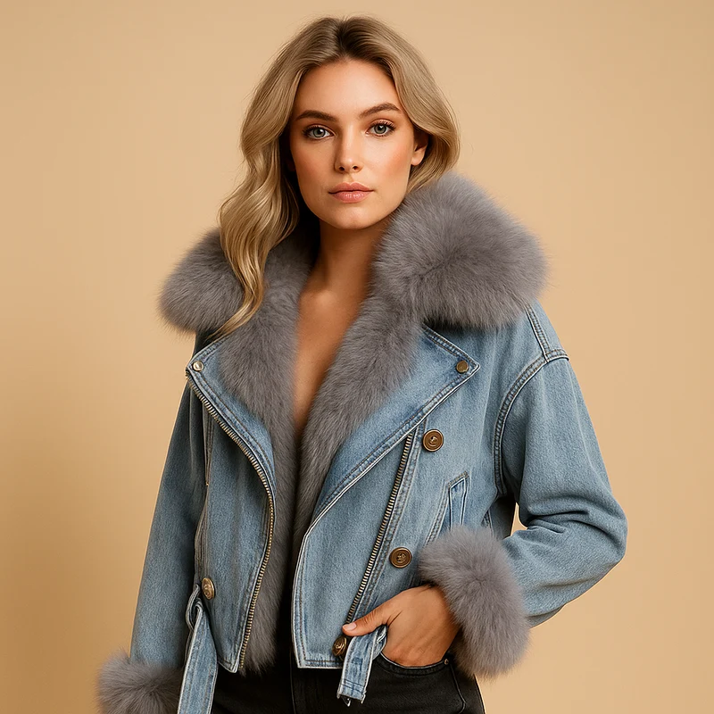 Cropped denim winterjas met imitatiebont voor dames | Lieke