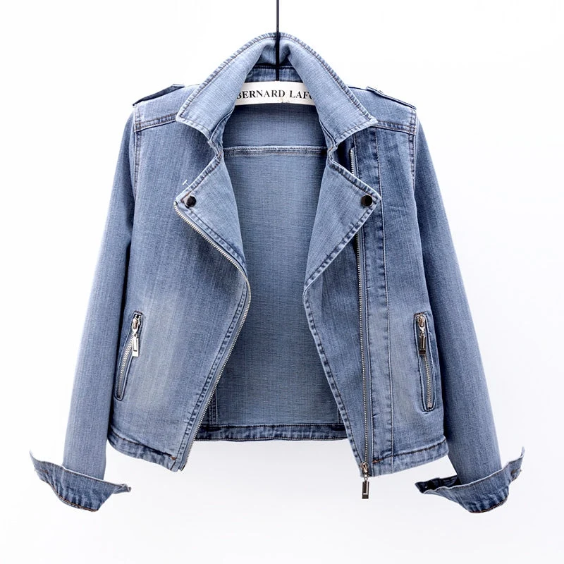 Tussenjas Dames van Denim met Asymmetrische Rits en Reverskraag