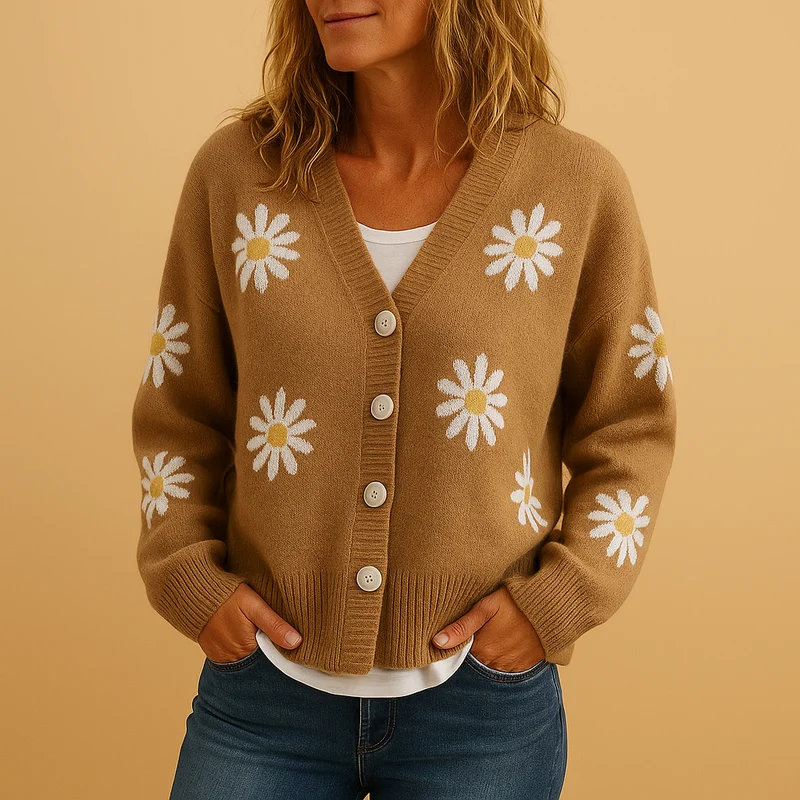 Gebreid damesvest met bloemenpatroon en knoopsluiting | Marije