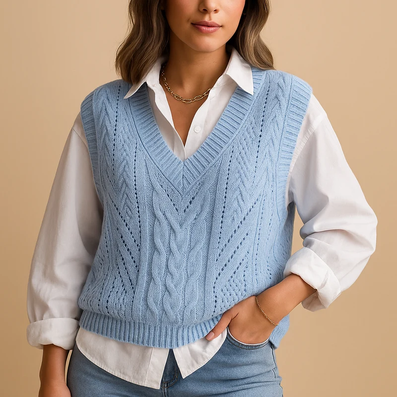 Mouwloos kabelgebreid V-hals vest voor dames | Marit