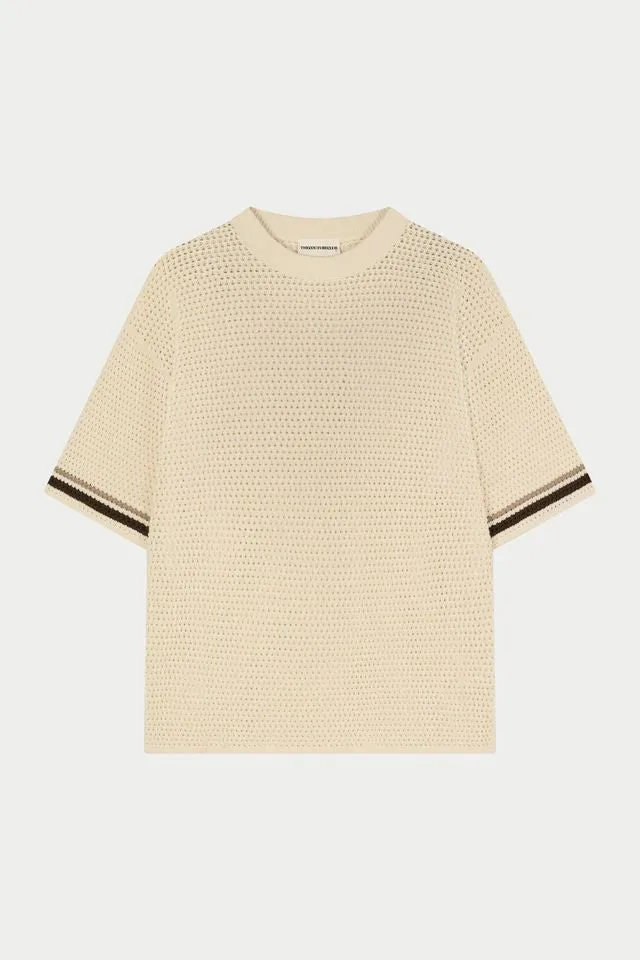 THE COUTURE CLUB T-SHIRT CROCHET KNITTED STRIPE T-SHIRT OFF WHITE