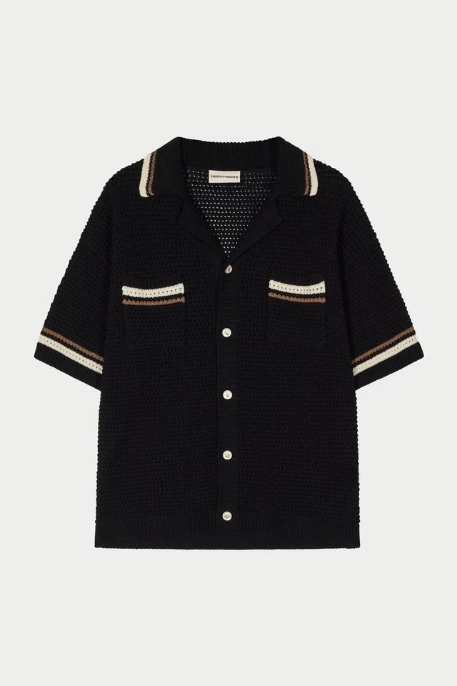 THE COUTURE CLUB SHIRT CROCHET KNITTED STRIPE BUTTON THROUGHT SHIRT ZWART