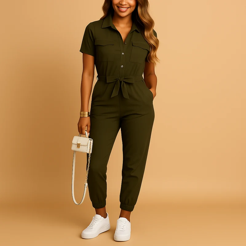 Getailleerde jumpsuit dames met knoopsluiting en flatterende pasvorm |Elvira