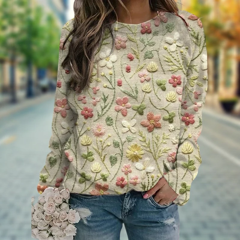 Trui Dames met Delicate Bloemenprint en Artistieke Warme Details