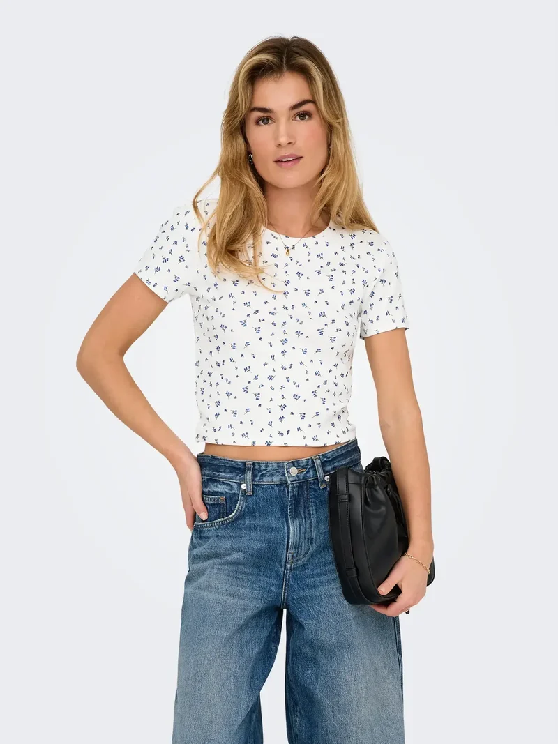 Only Dames T-Shirt FENJA, Blue Flowers