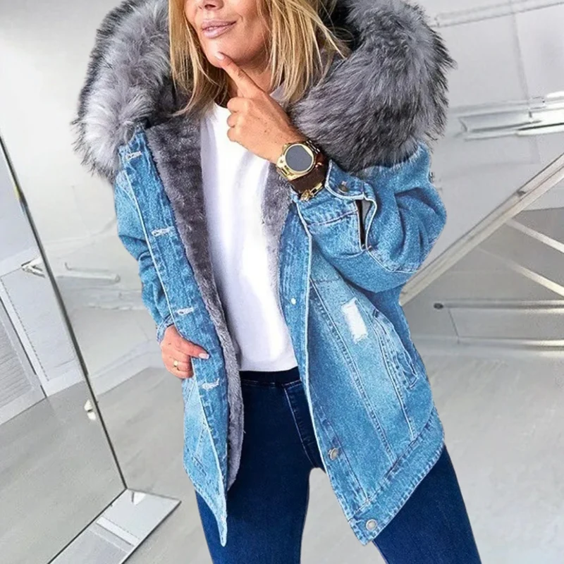 Tussenjas Dames van Denim met Faux Fur Capuchon en Praktische Zakken