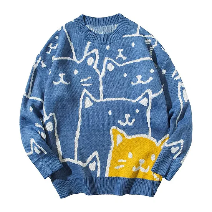 Trui Dames van Gebreide Stof met Kattenmotief en Geribbelde Details