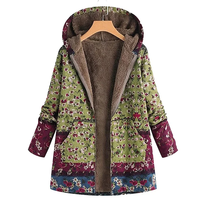 Winterjas Dames Fleece met Bloemenprint Zakken en Rits aan de Voorkant