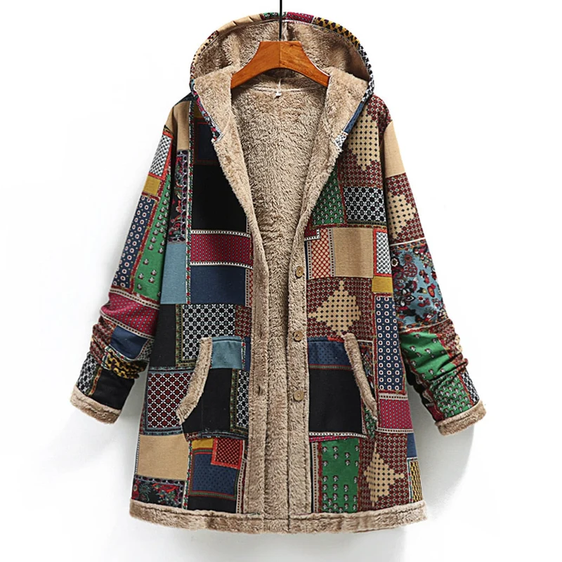 Winterjas Dames Fleece met Patchwork Verstelbare Capuchon en Zakken