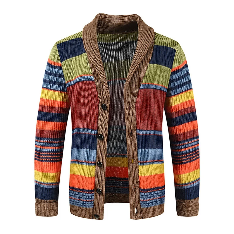 Cardigan Heren Gebreid met V Hals Knoopsluiting en Gestreept Ontwerp