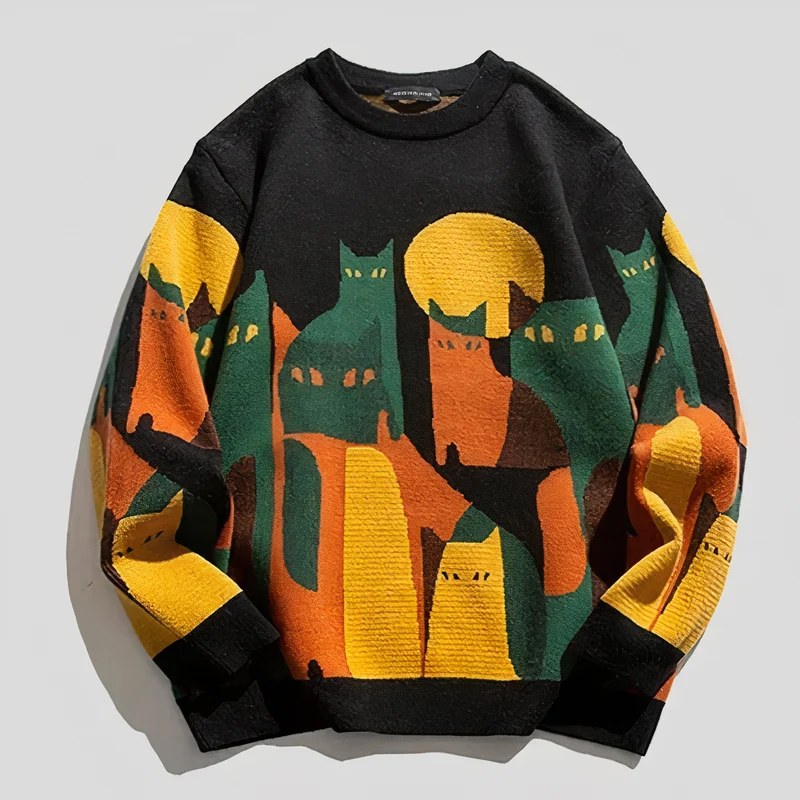 Trui Heren met Kattenprint Ronde Hals en Losse Comfortabele Pasvorm