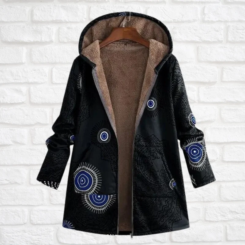 Winterjas Dames met Fleece Print Capuchon en Weerbestendige Stof