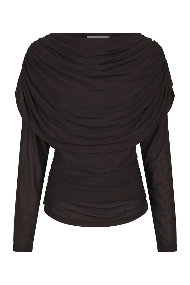 Neo Noir - Lottuna Drapy Mesh Blouse 168042 - 676 - Dark Brown
