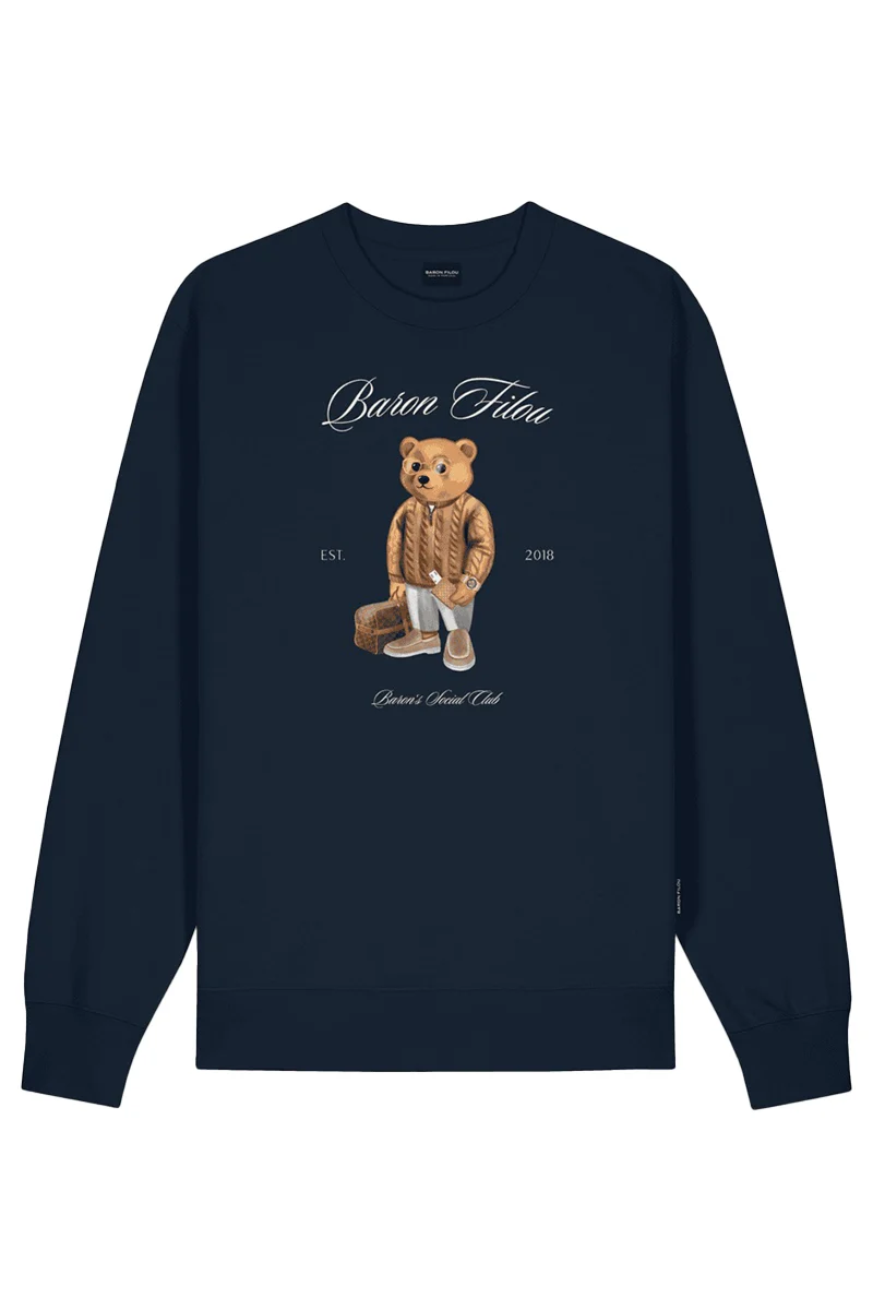 BARON FILOU SWEATER THE FIRST CLASS FLYER CXLVI CHESTPRINT D-BLAUW