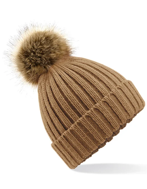 Beechfield - Faux Fur Pop Pom Chunky Beanie - Biscuit