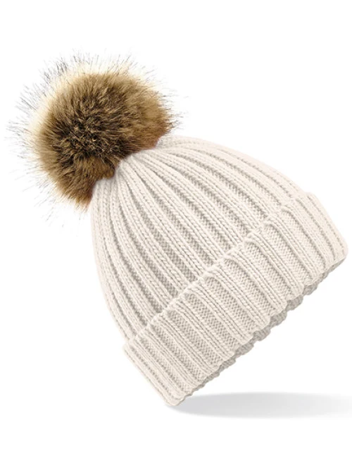 Beechfield - Faux Fur Pop Pom Chunky Beanie - Oatmeal