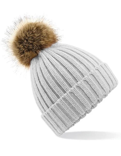 Beechfield - Faux Fur Pop Pom Chunky Beanie - Light Grey