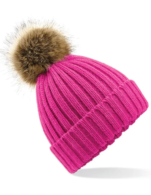 Beechfield - Faux Fur Pop Pom Chunky Beanie - Fuchsia
