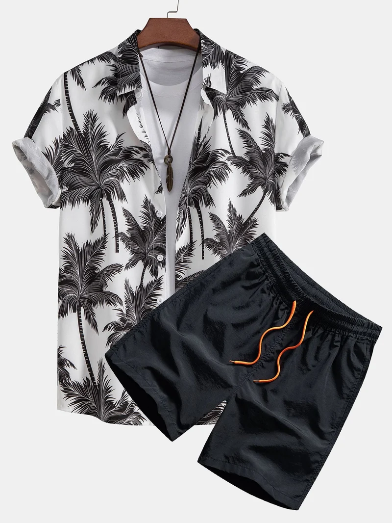 Button-down shirt en zwemshort met palmboomprint