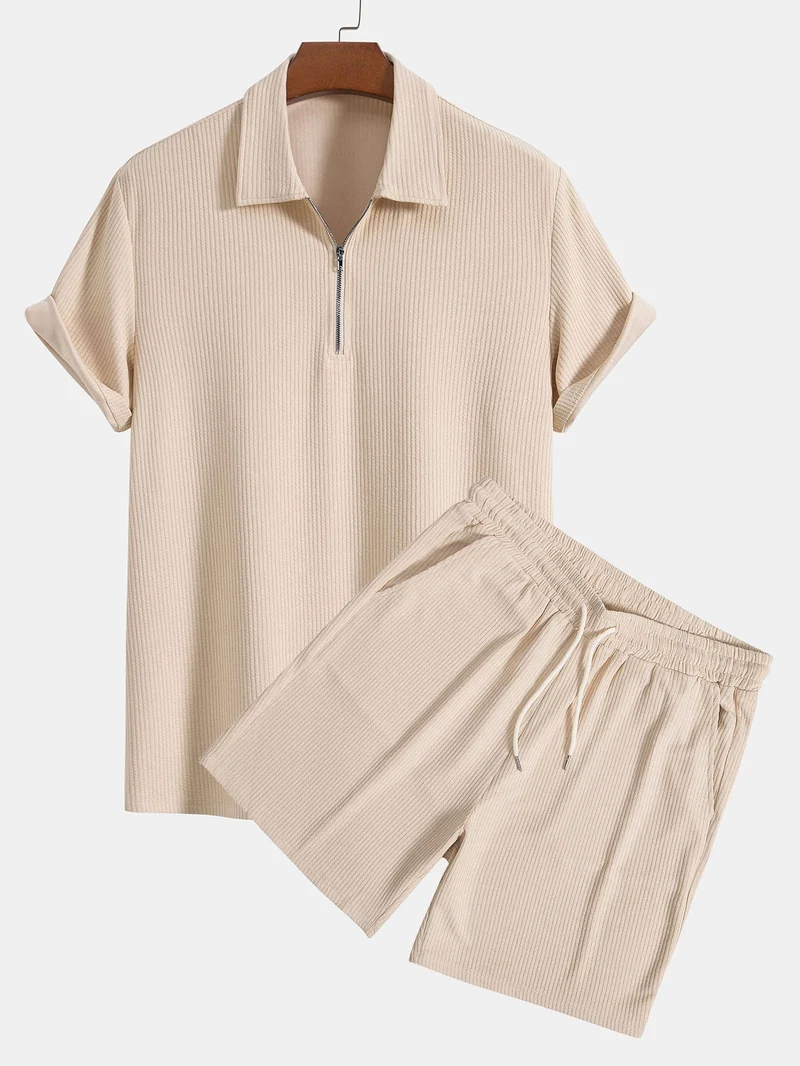 Gebreide geribde Zip Polo & Korte Broek
