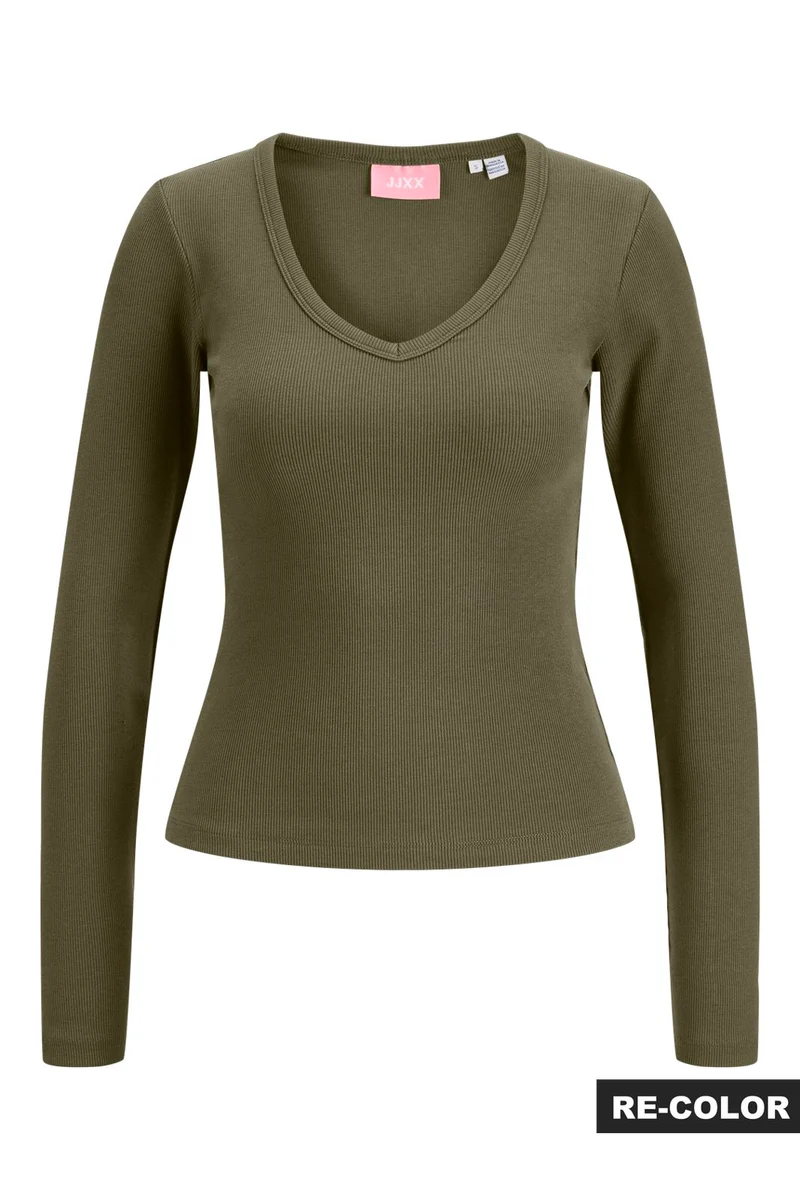 Jjxx - Jxfreya Str Ls V-Neck Top - 5244785 Burnt Olive