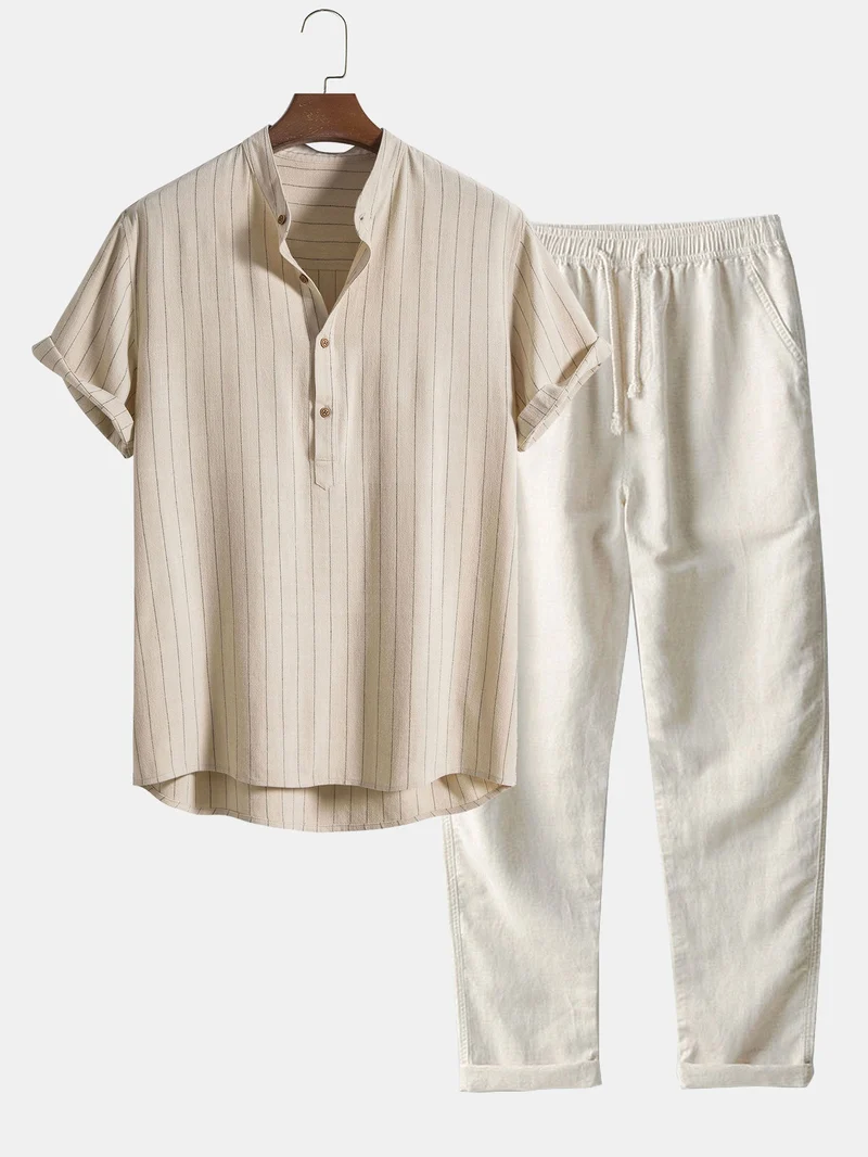 Linnen Gestreept Half Open Placket Henley Kraag Overhemd & Rechte Linnen Broek